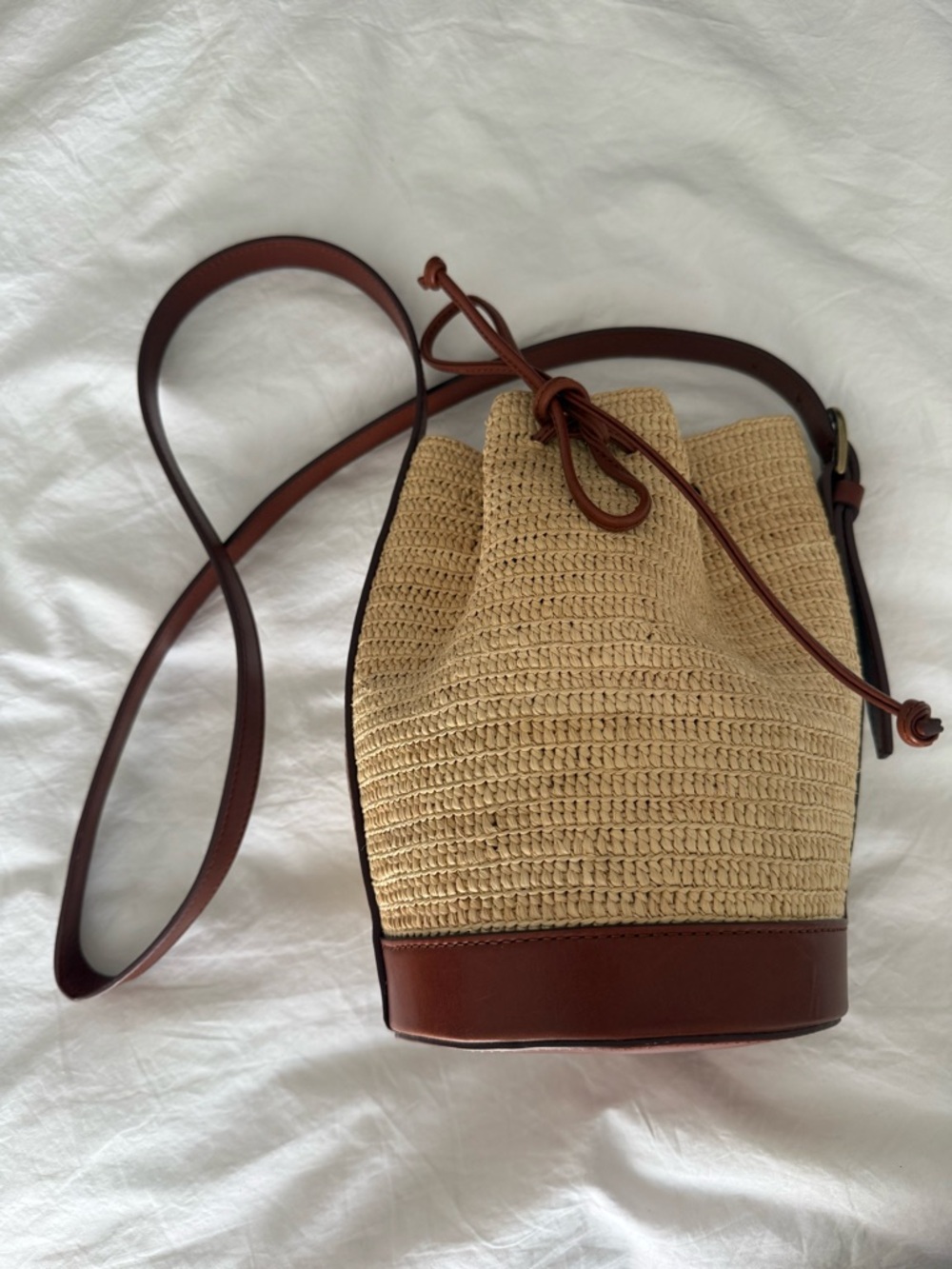 Sezane Mini Farrow Raphia Woven straw bucket bag with leather trim